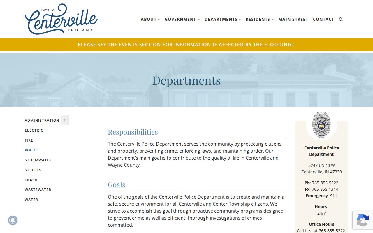 Centerville Police Department official arrest-record contact page in Wayne County